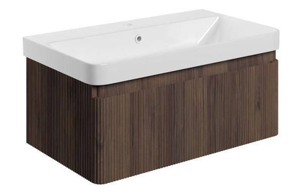 Flute 805mm Wall Hung 1 Drawer Basin Unit & Basin - Textured Walnut